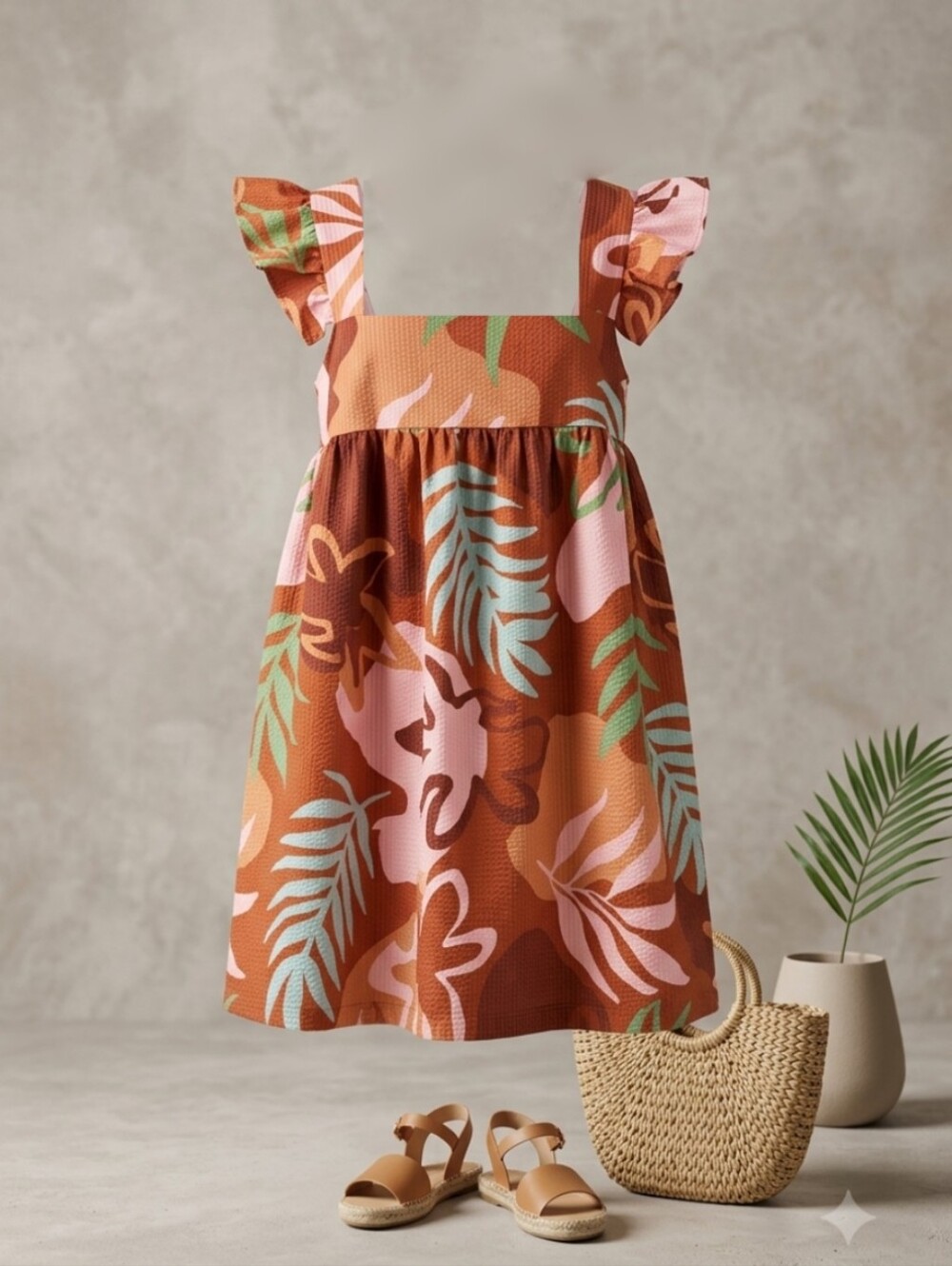Open Edit Seersucker Tropical Print Rust & Pink Sundress, Size Medium